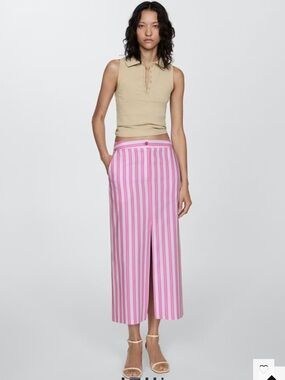 Mango Pink & White Striped Cropped Wide-Leg Pants
